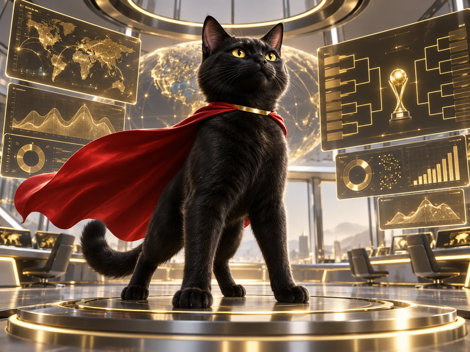 La mascotte Gamius, un chat noir à cape rouge, devant les écrans d’un centre de pilotage
